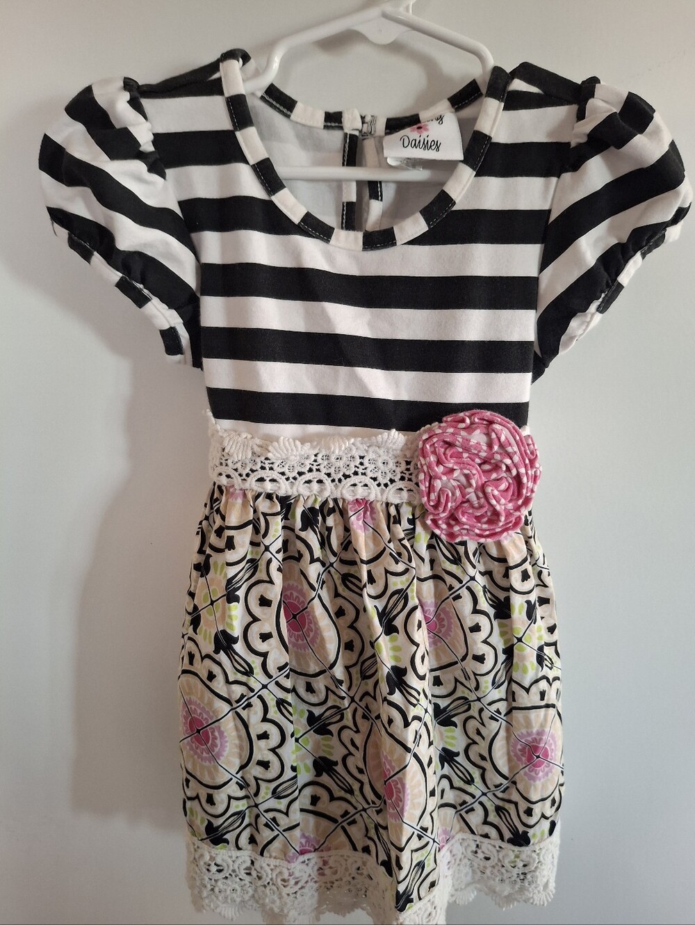 Daisies Black & White Striped Dress with Pink Rosette - Kids